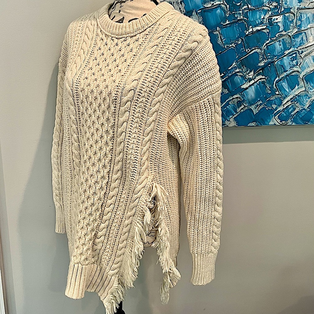 J.Crew Cable Knit Sweater with Side Slit Fringe Detail in Ivory - Picture 2 of 16